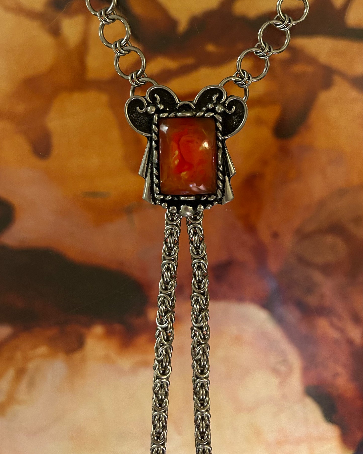 chainmail bolo tie - vintage tangerine slide